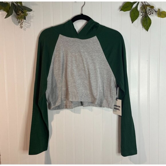 Urban Rebel Green & Gray Hooded Raglan Long Sleeve Cropped Sweatshirt Top Size M - Picture 1 of 10
